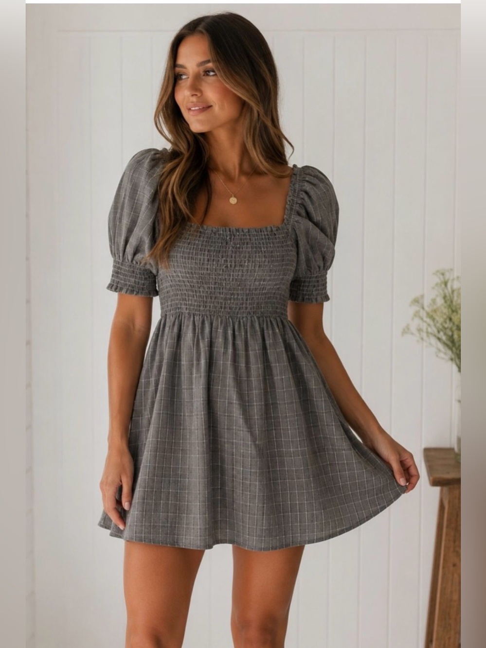Hill House Athena Nap Dress Grey Tai Check Smocked Bodice Puff Sleeves